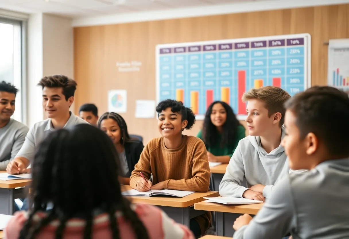 Students in a classroom discussing school funding disparities