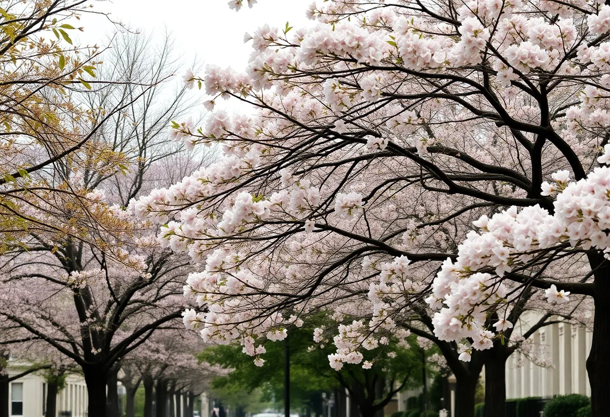Spring view of Charleston with trees in bloom and pollen in the air.