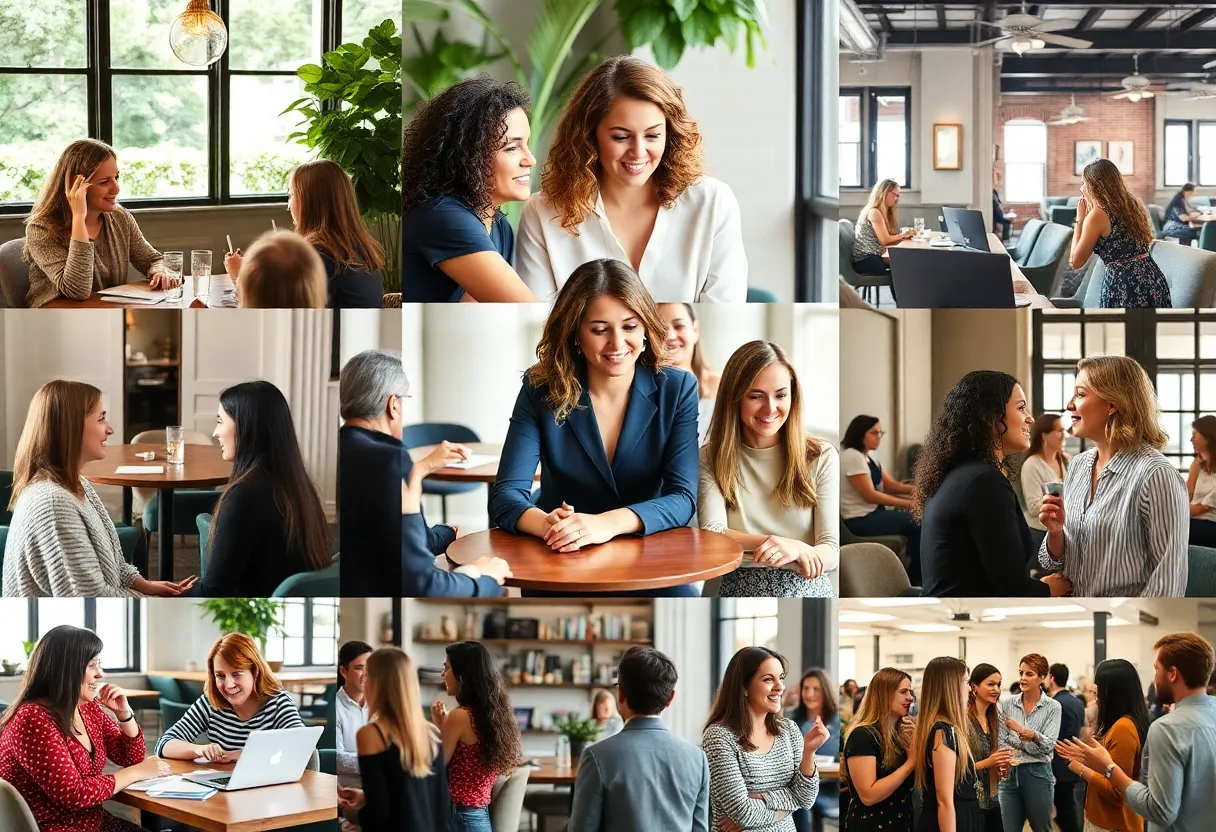 Collage of women entrepreneurs in Charleston collaborating and working together.