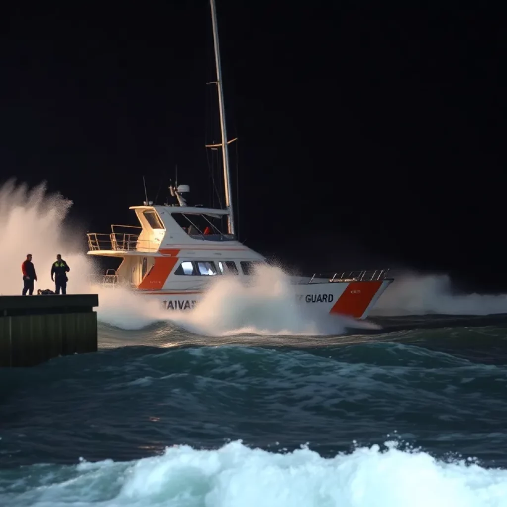 Coast Guard vessel rescuing a yacht at night in Charleston Harbor