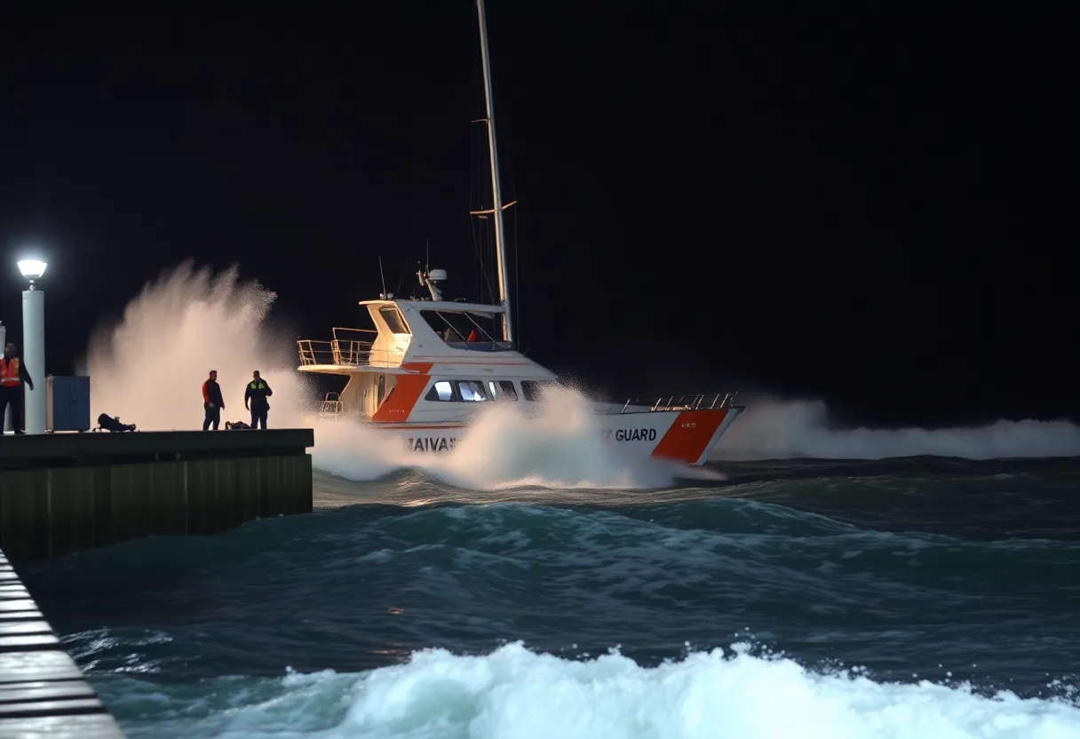 Coast Guard vessel rescuing a yacht at night in Charleston Harbor