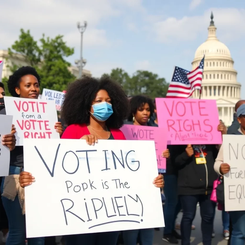 Civil rights activists holding signs advocating for voting rights