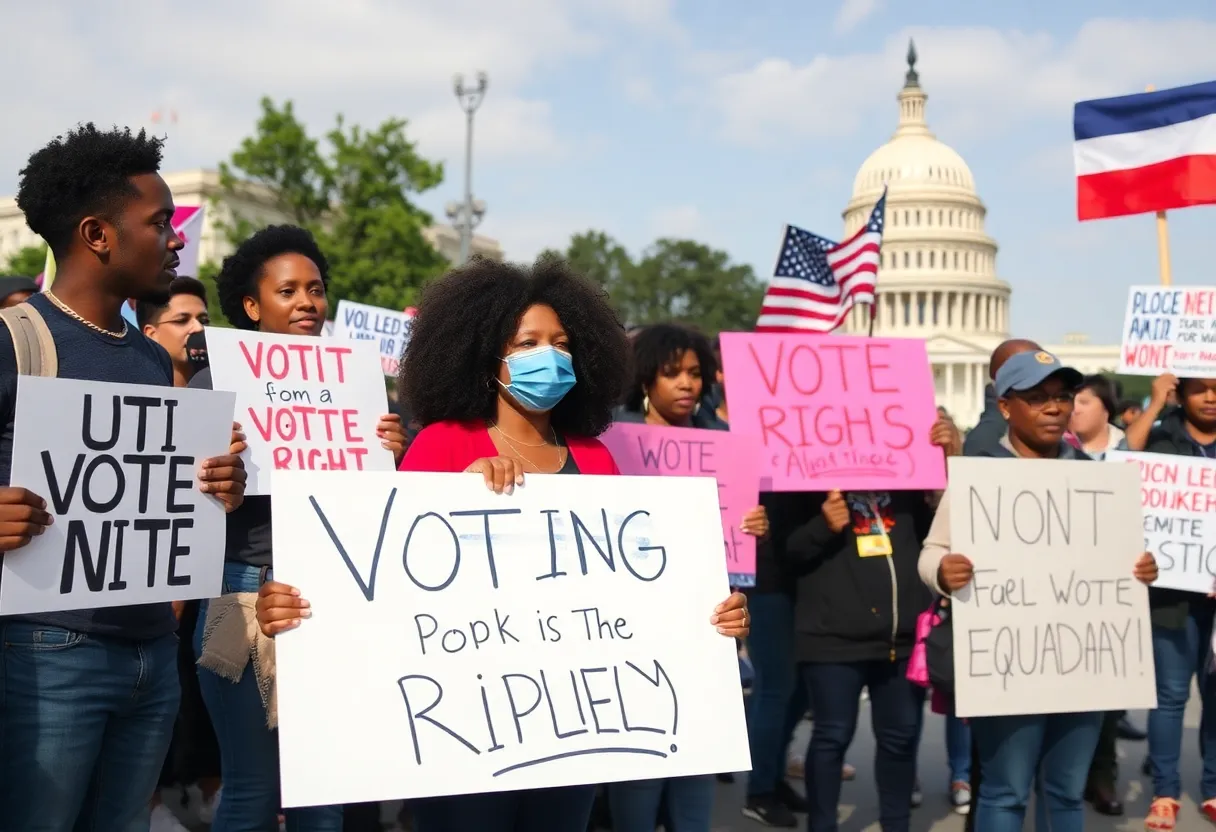 Civil rights activists holding signs advocating for voting rights