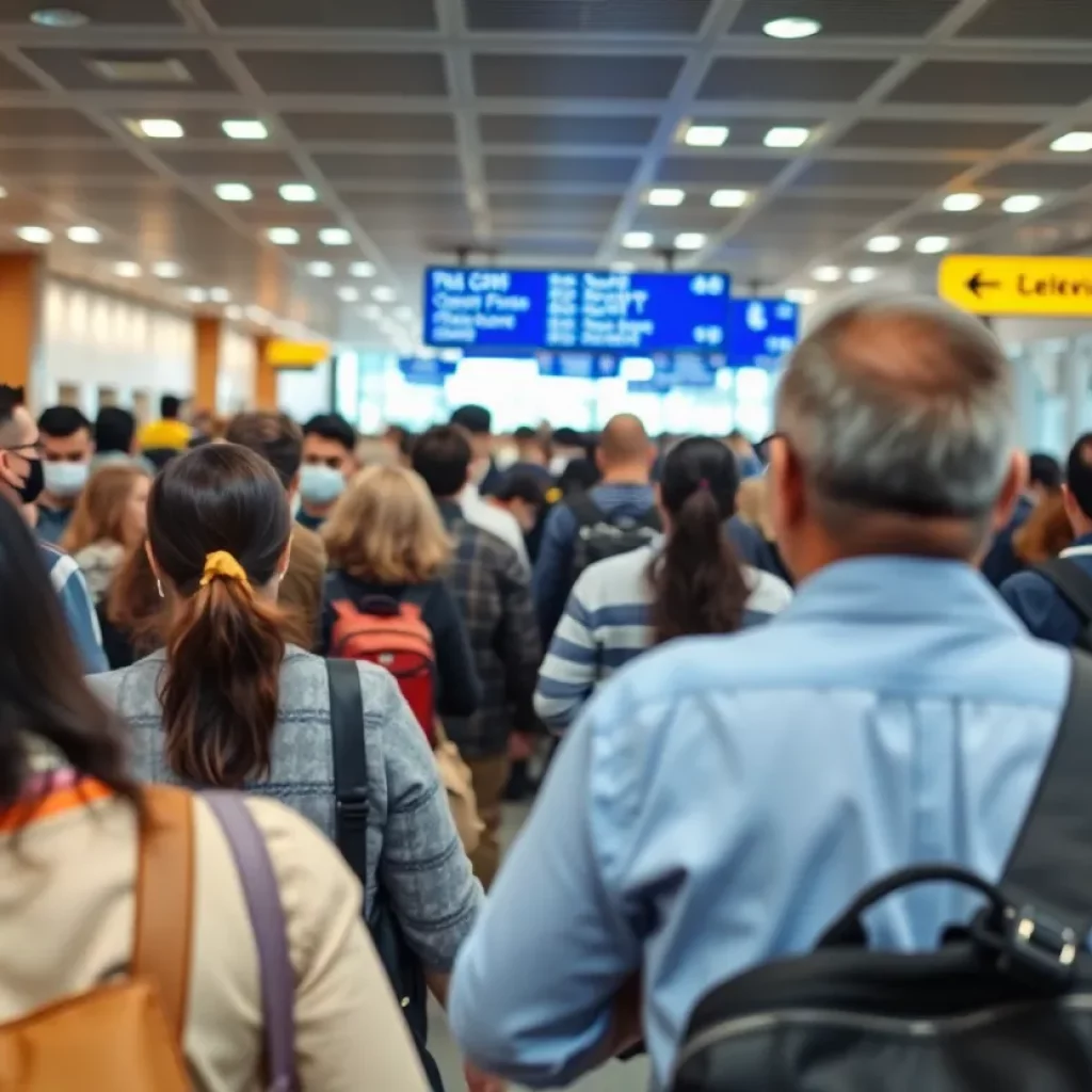 Busy airport customs checkpoint with travelers and CBP officials.