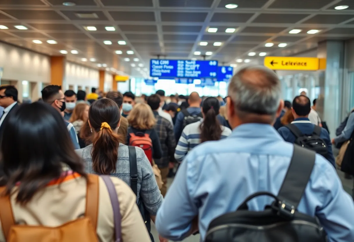 Busy airport customs checkpoint with travelers and CBP officials.