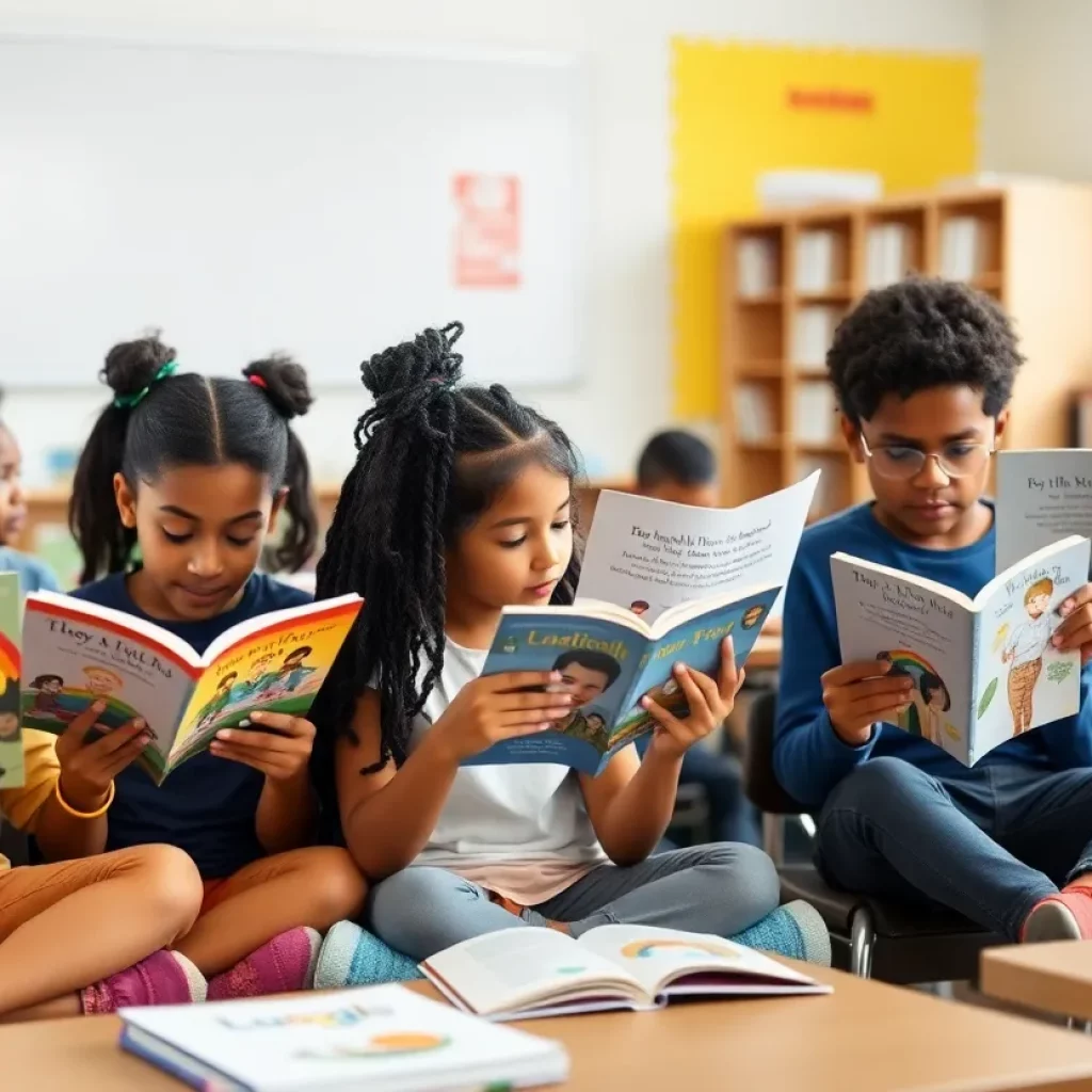 Children in a classroom discussing LGBTQ-themed books.