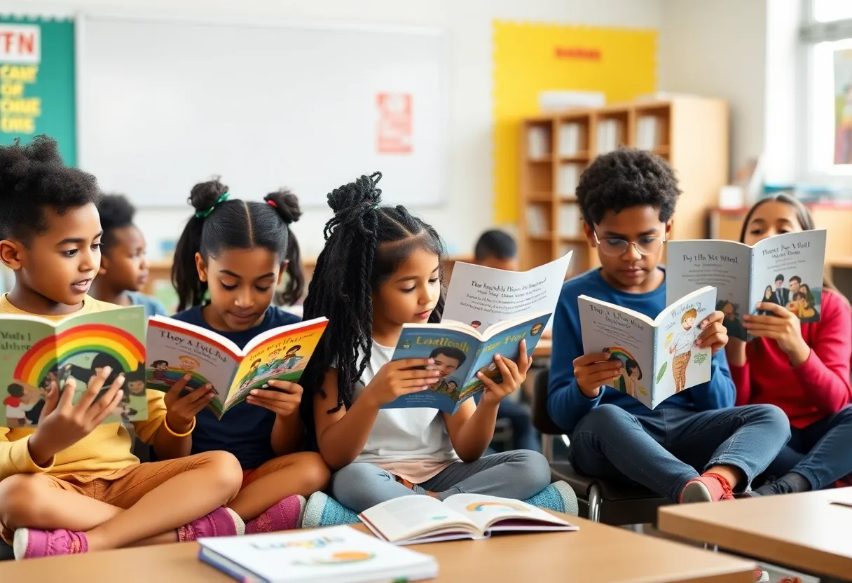 Children in a classroom discussing LGBTQ-themed books.