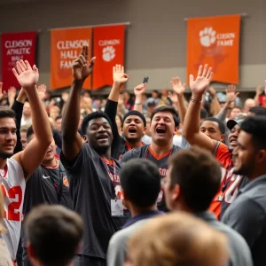 Celebration at the Clemson Athletic Hall of Fame induction ceremony with athletes and supporters.