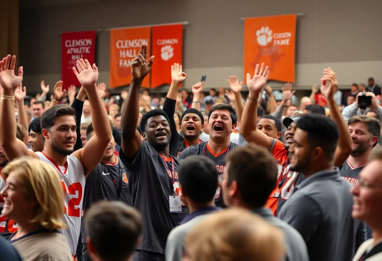 Celebration at the Clemson Athletic Hall of Fame induction ceremony with athletes and supporters.
