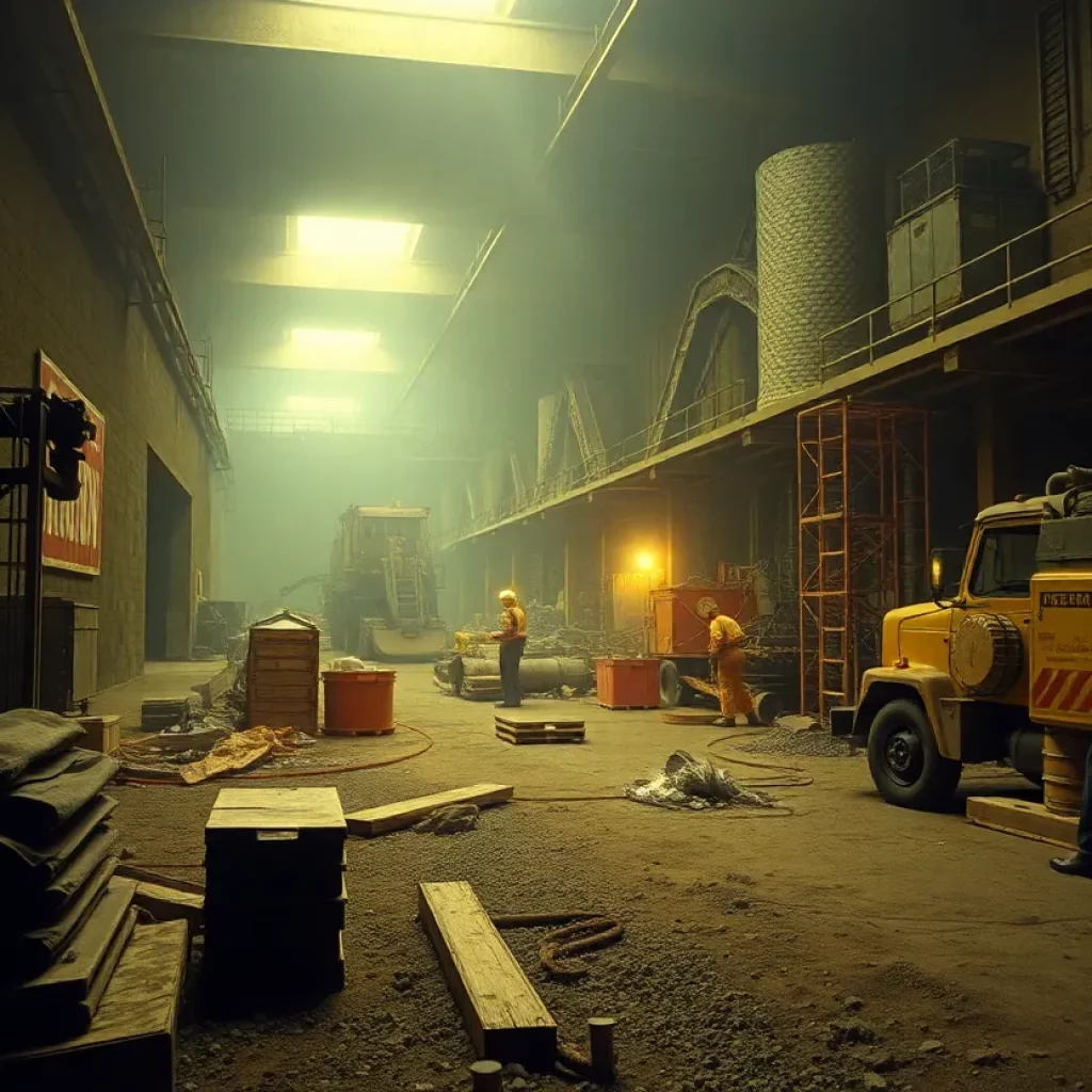 Historic colliery worksite environment showing machinery and workers.