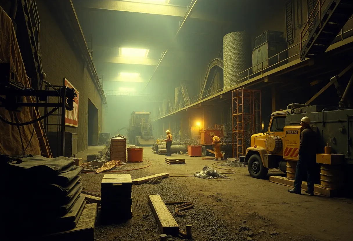 Historic colliery worksite environment showing machinery and workers.