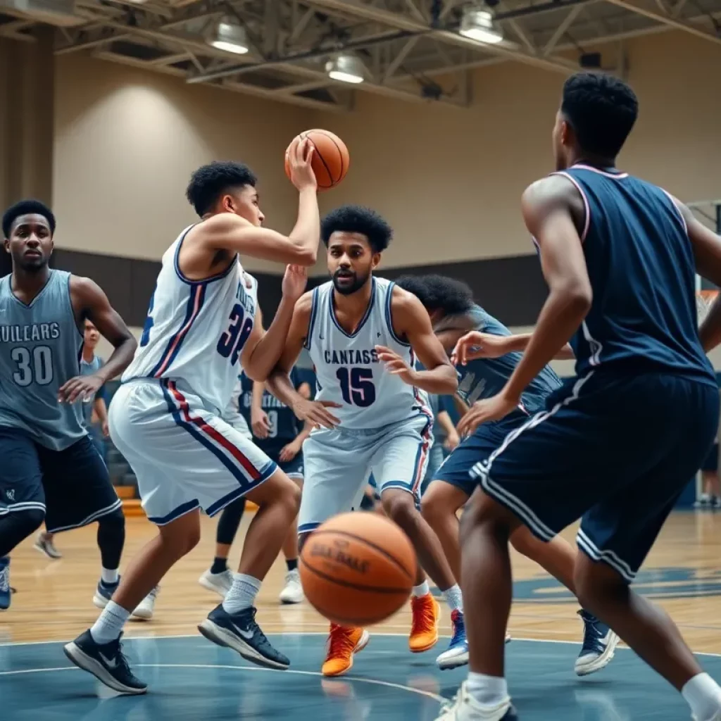 Players in action during a college basketball game