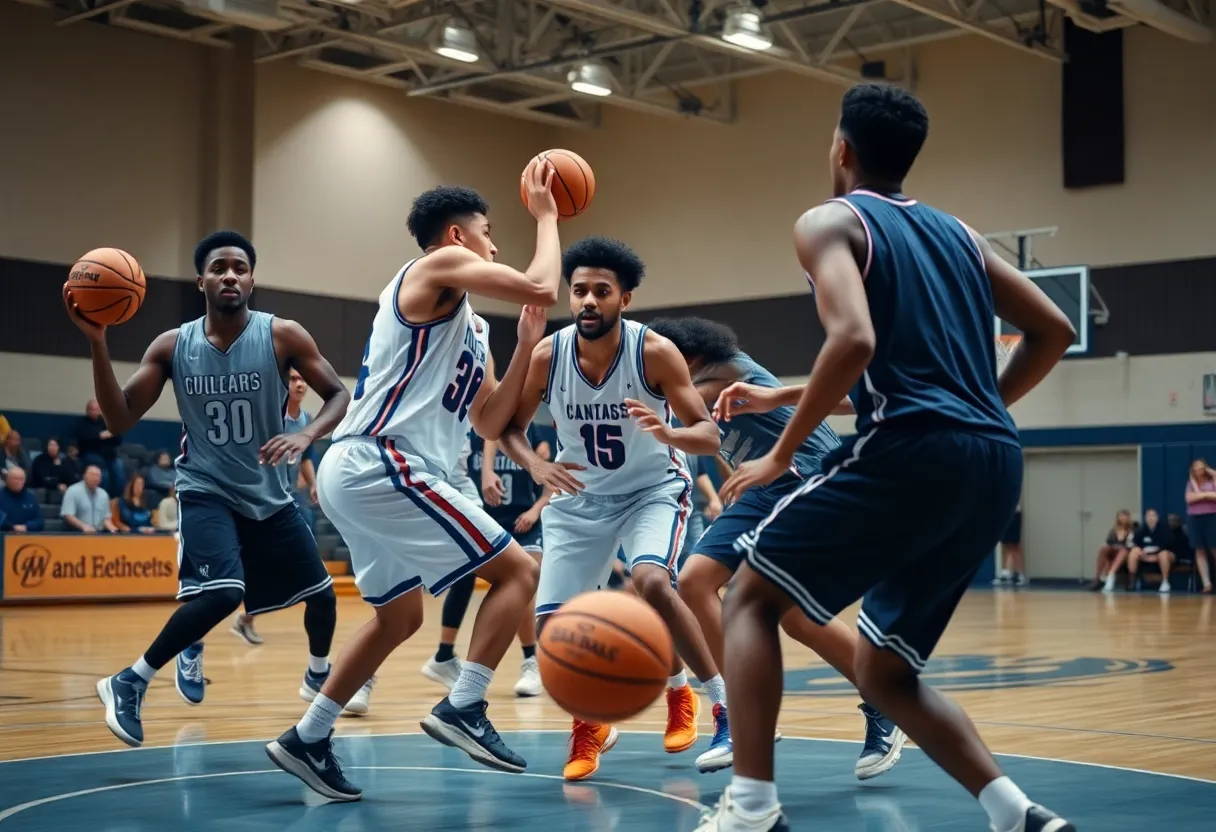 Players in action during a college basketball game