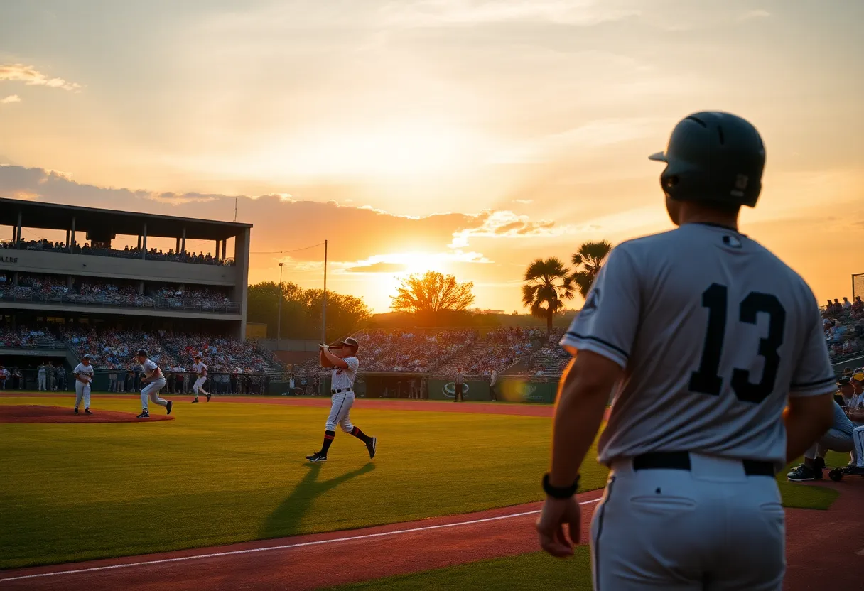 College baseball players from College of Charleston and Coastal Carolina in action during a game.