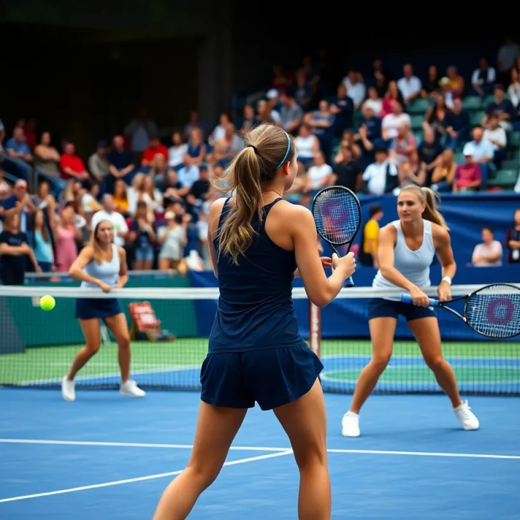 Players competing in a college women's tennis match