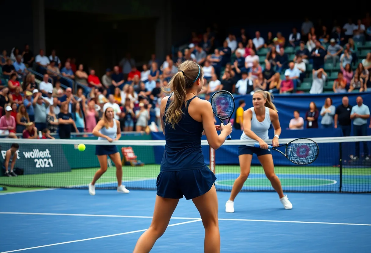 Players competing in a college women's tennis match