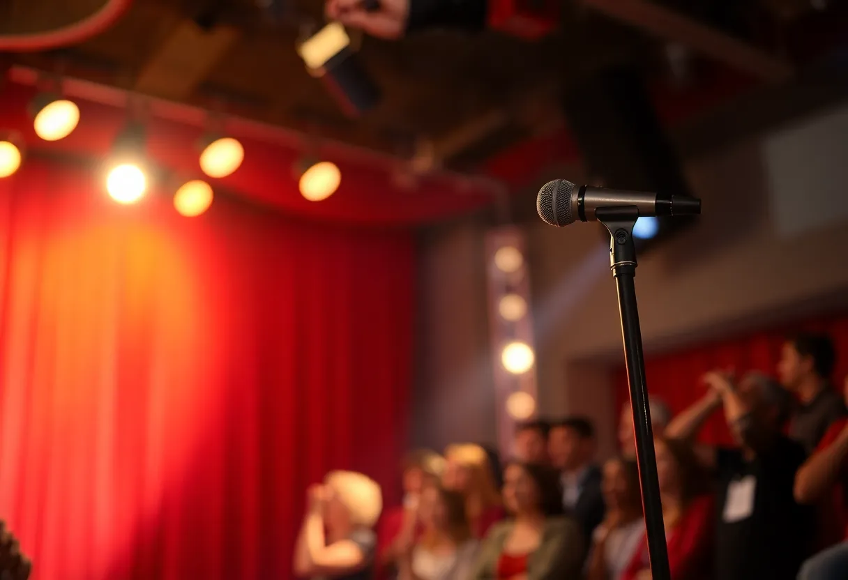 Comedy stage with microphone and spotlight