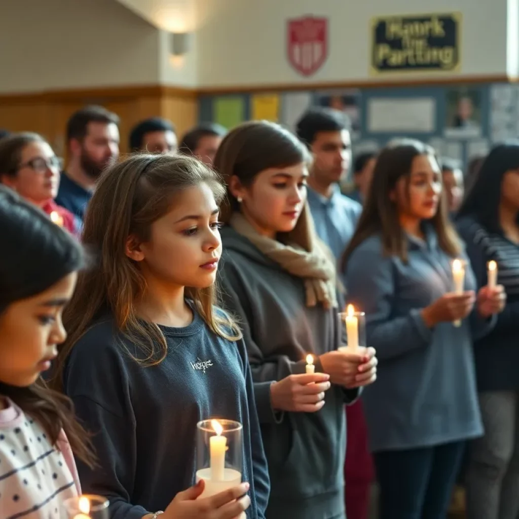 A memorial gathering of students and teachers in North Charleston schools, expressing sorrow and support.