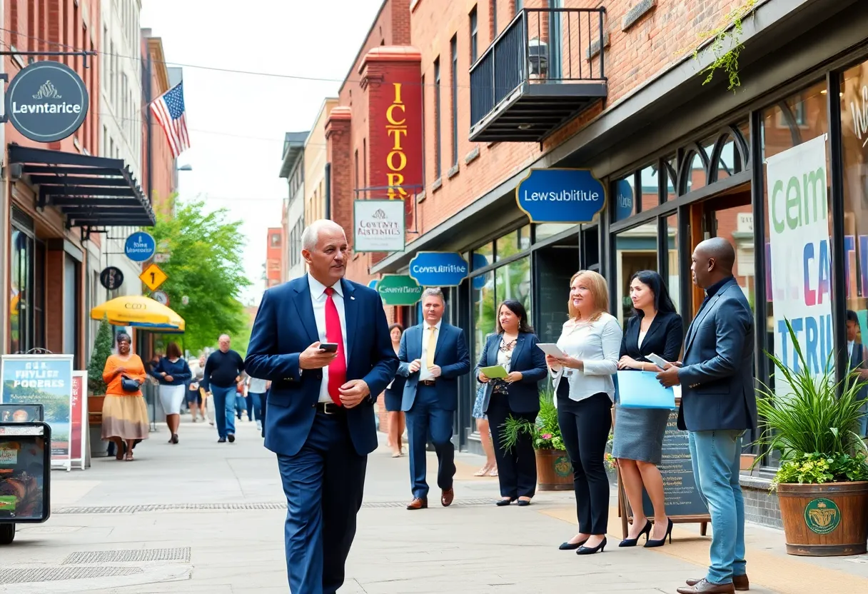 A bustling street in Central Pennsylvania showcasing local businesses and community events.