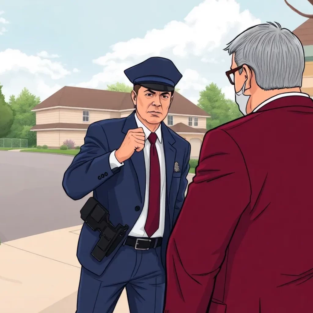 Illustration of a lawyer confronting immigration enforcement agents during a welfare check.
