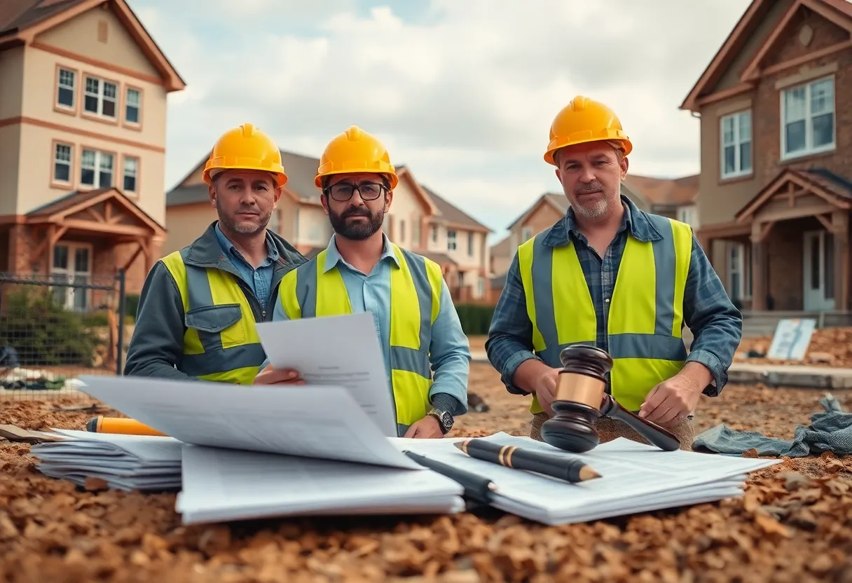 A construction site showcasing signs of defects amidst legal documents.