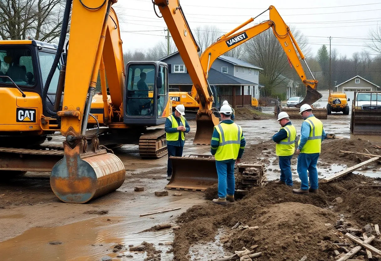 Construction workers at a site for flood disaster recovery in West Virginia