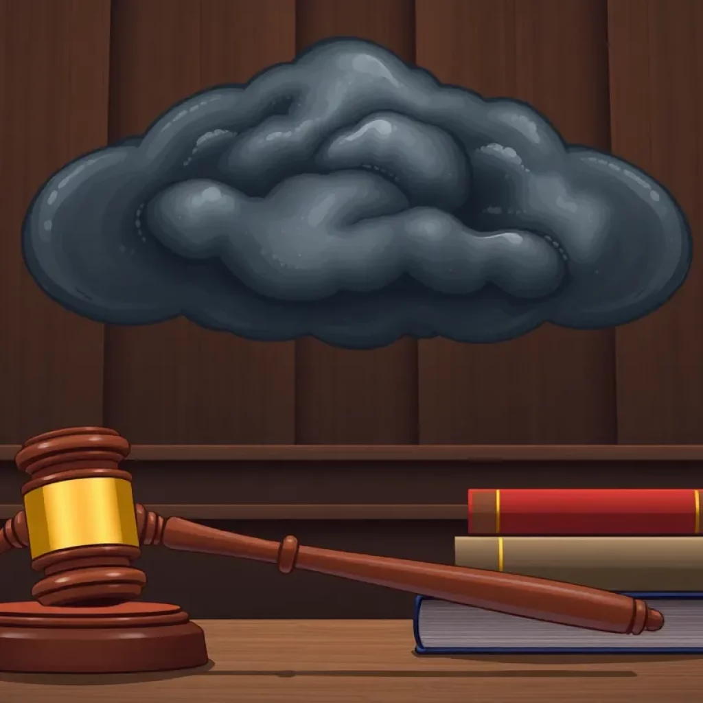 Dark cloud over a courtroom symbolizing legal controversy