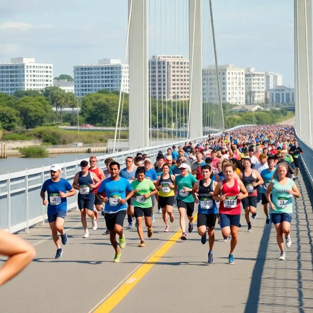 Runners crossing the Arthur Ravenel Bridge during the Cooper River Bridge Run in Charleston.