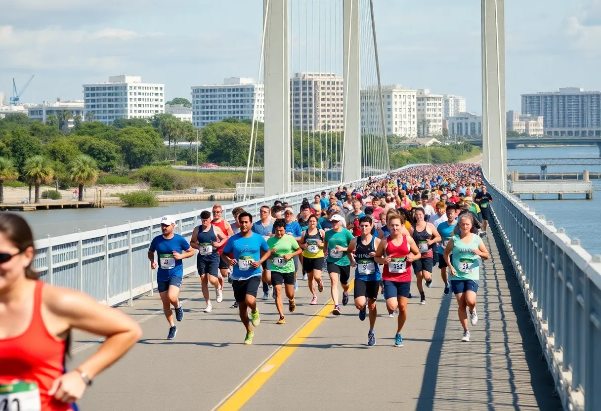 Runners crossing the Arthur Ravenel Bridge during the Cooper River Bridge Run in Charleston.