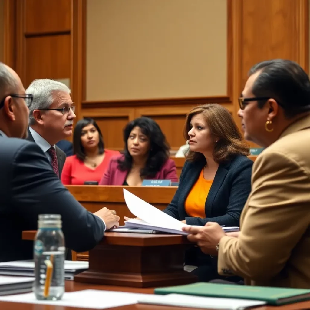 Community members and lawmakers discussing asbestos legislation in a courtroom setting.