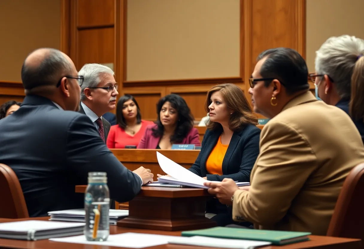 Community members and lawmakers discussing asbestos legislation in a courtroom setting.