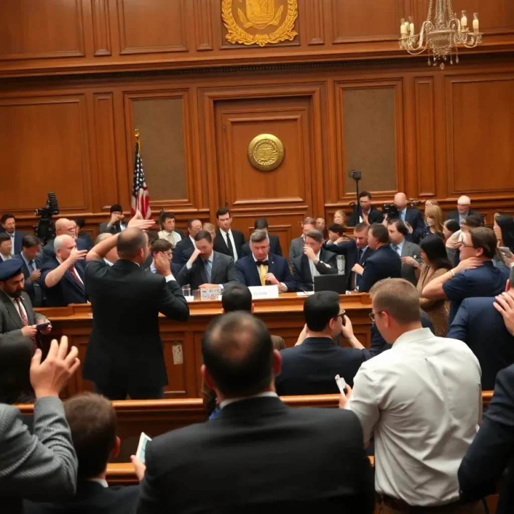 Courtroom scene depicting chaos during a legal proceeding
