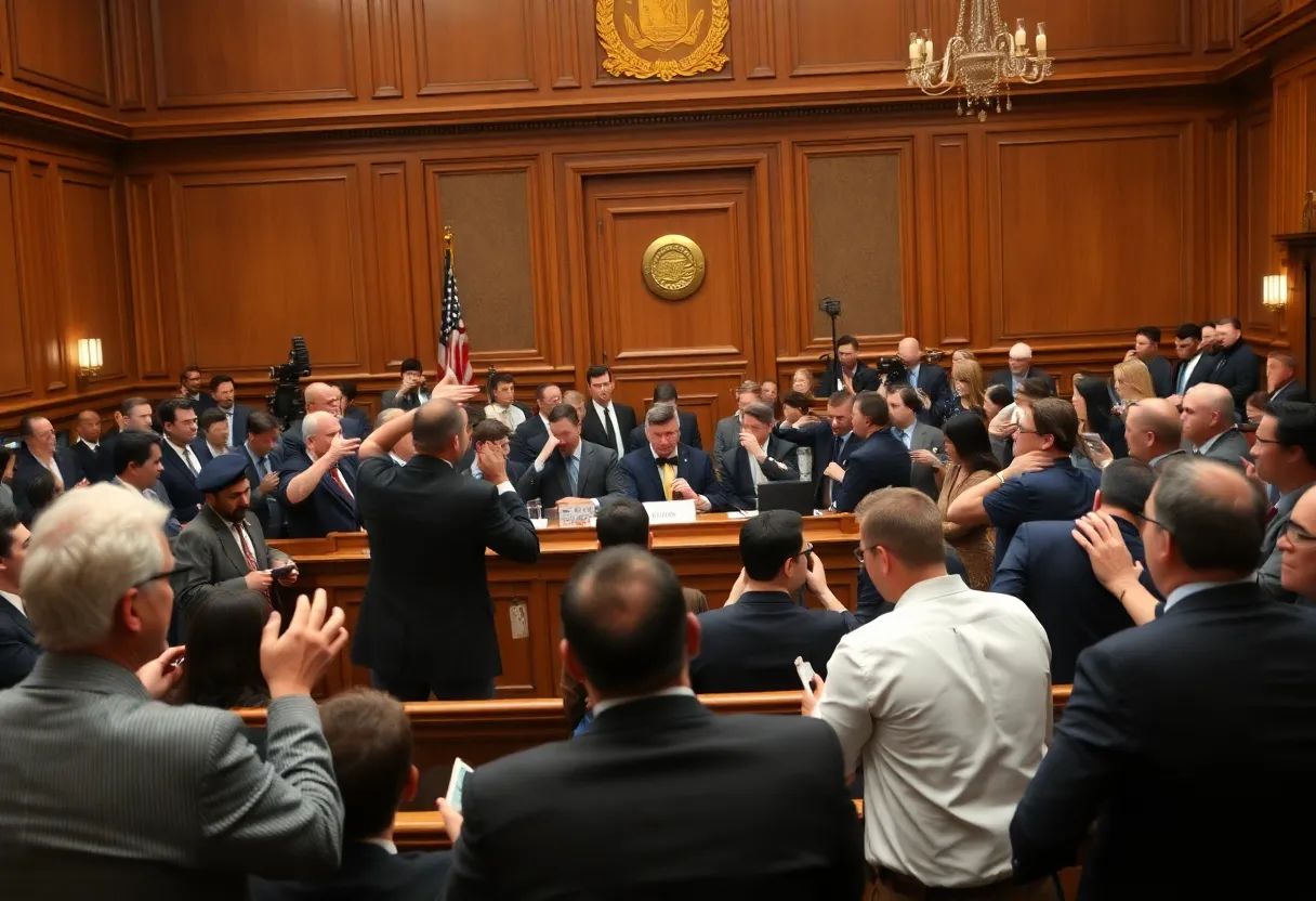 Courtroom scene depicting chaos during a legal proceeding