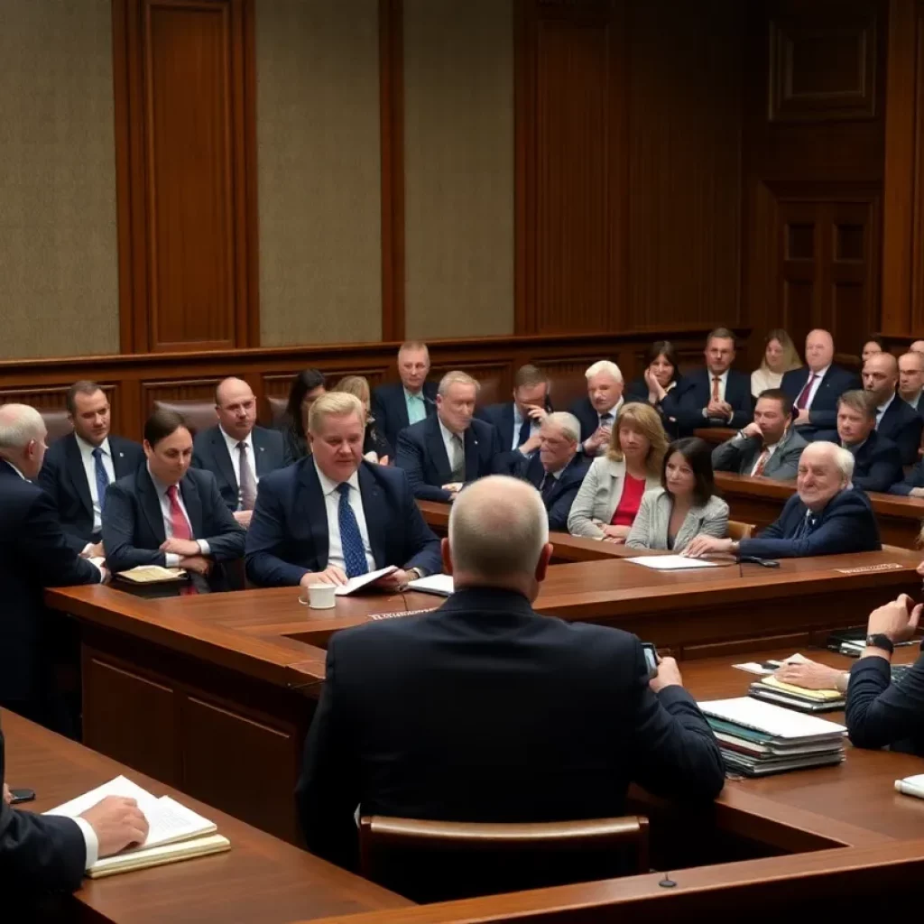 Courtroom filled with lawyers and jurors during a trial