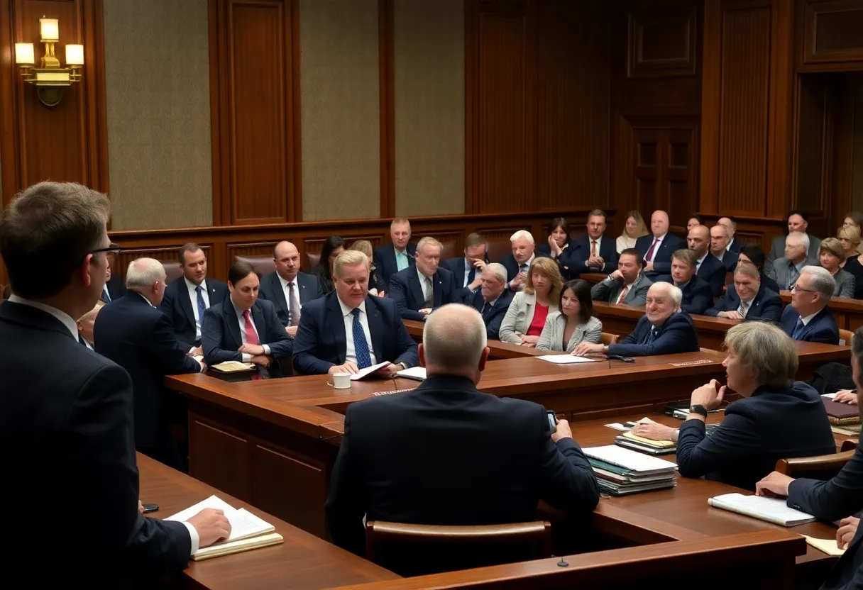 Courtroom filled with lawyers and jurors during a trial