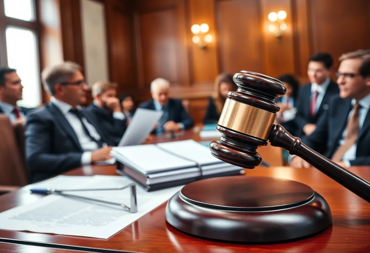 Lawyers debating in a courtroom during the Johnson & Johnson talcum powder litigation.