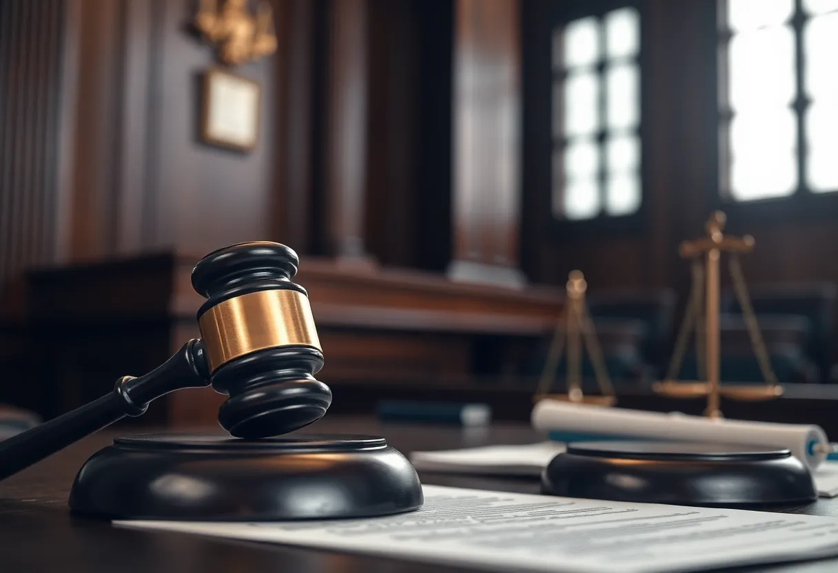 Courtroom scene representing legal confrontation