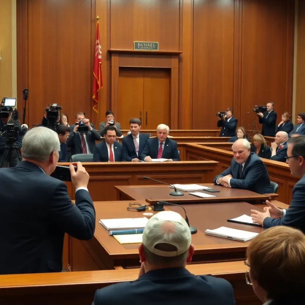 A tense courtroom scene during a high-profile murder trial
