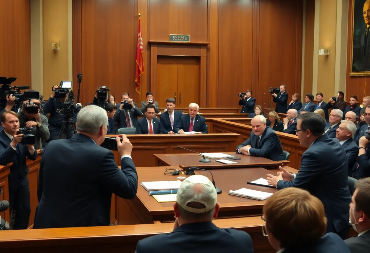 A tense courtroom scene during a high-profile murder trial