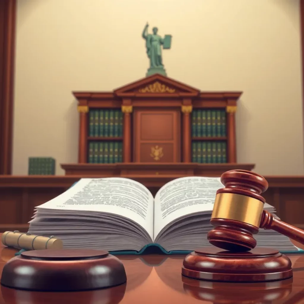 An artistic representation of a courtroom with legal elements