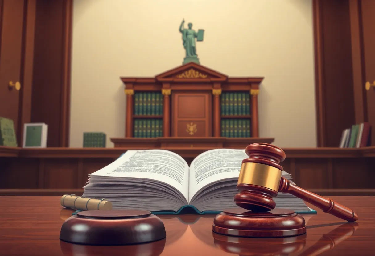 An artistic representation of a courtroom with legal elements
