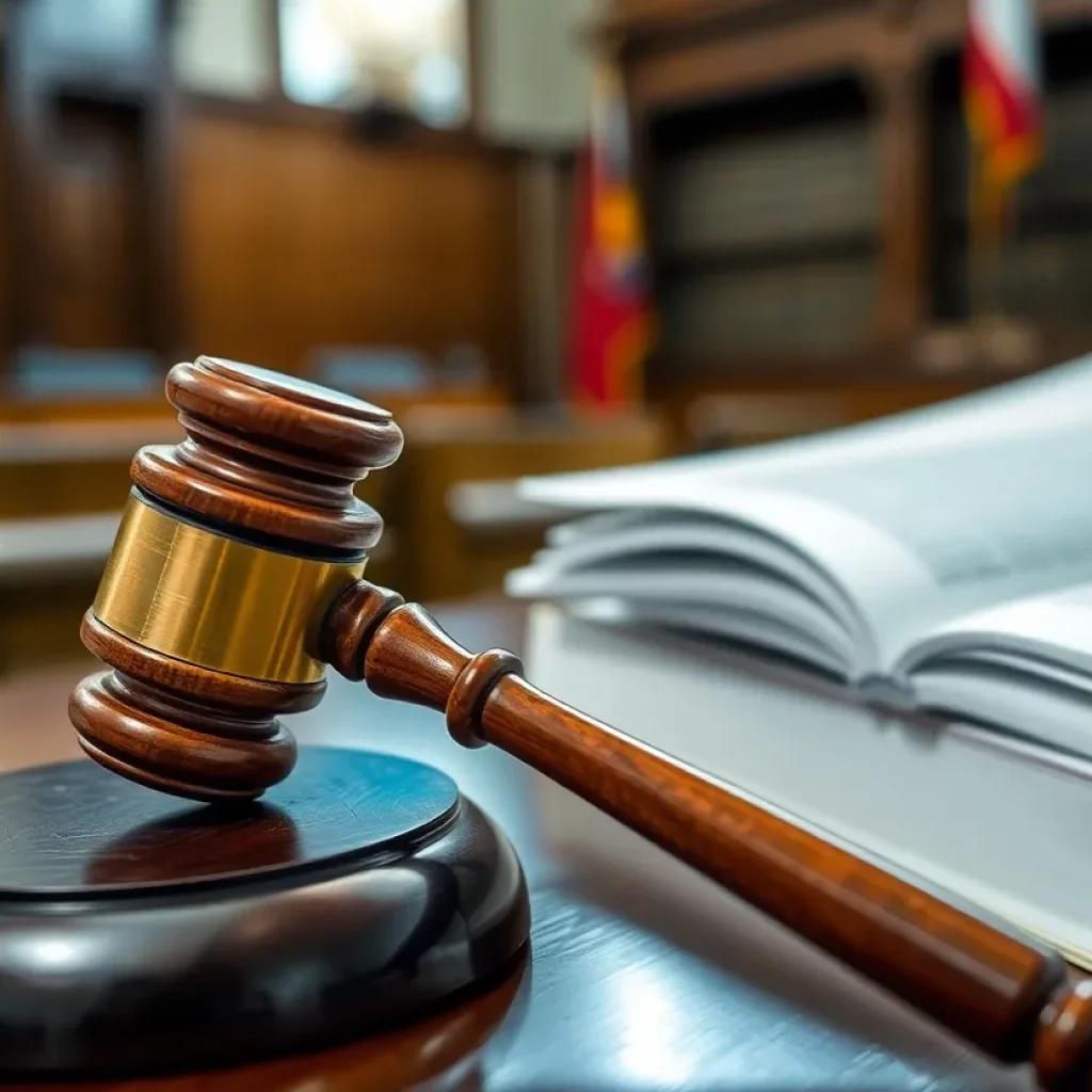 Courtroom setting with gavel and legal documents