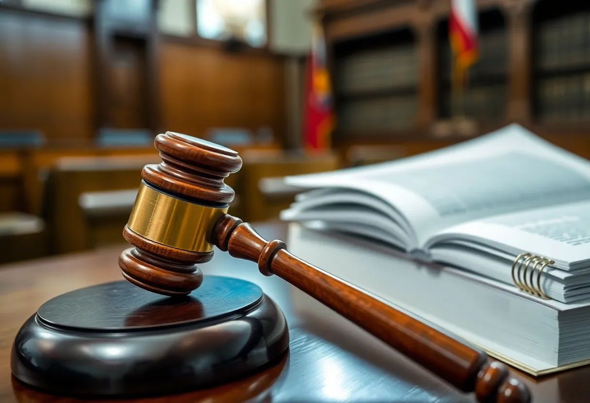 Courtroom setting with gavel and legal documents