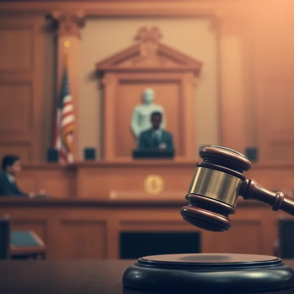 Gavel resting on a judge's bench in a courtroom setting.