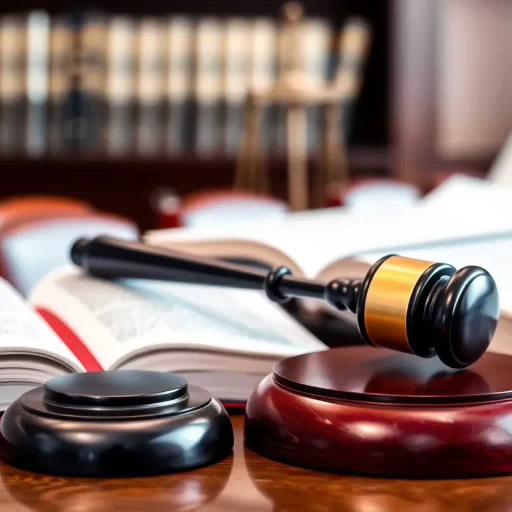 Courtroom with legal books and gavel representing justice