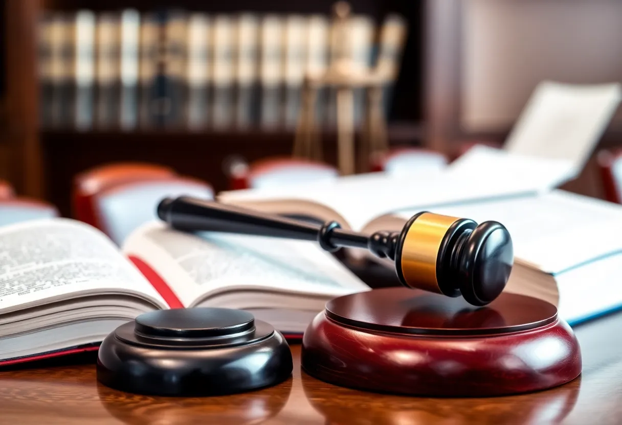 Courtroom with legal books and gavel representing justice