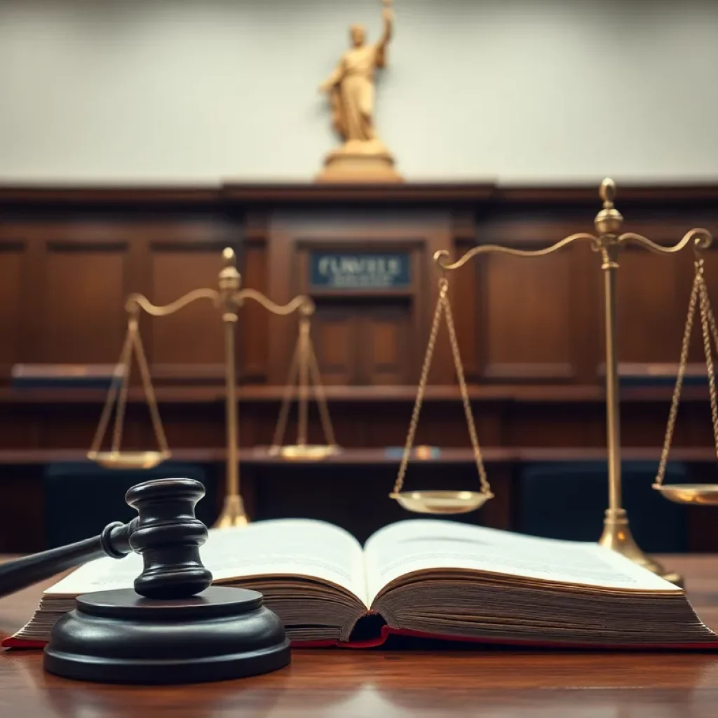 Symbolic representation of justice and law in a courtroom setting