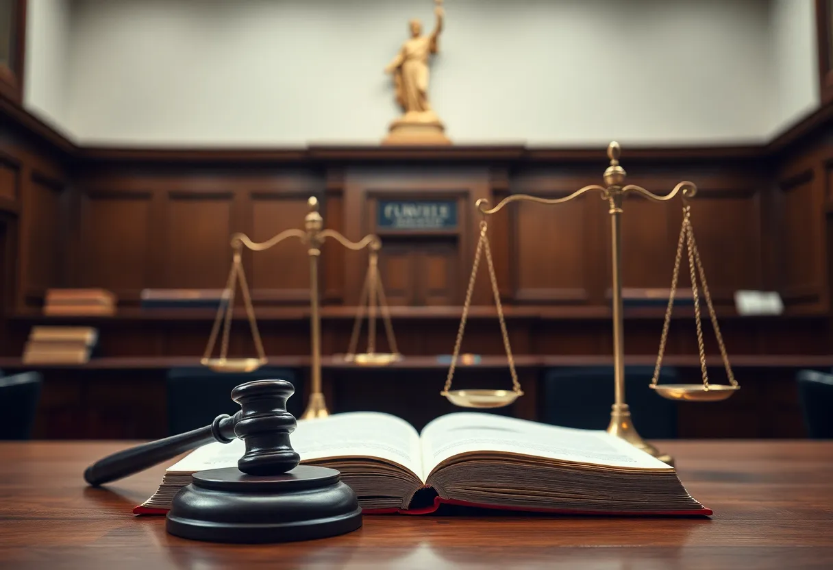 Symbolic representation of justice and law in a courtroom setting