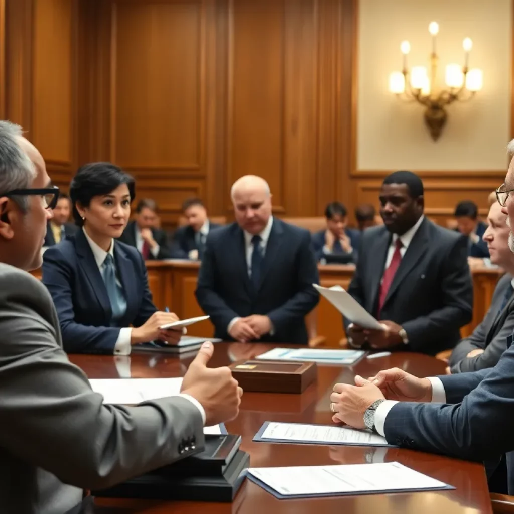 Illustration of courtroom with lawyers discussing legal ethics