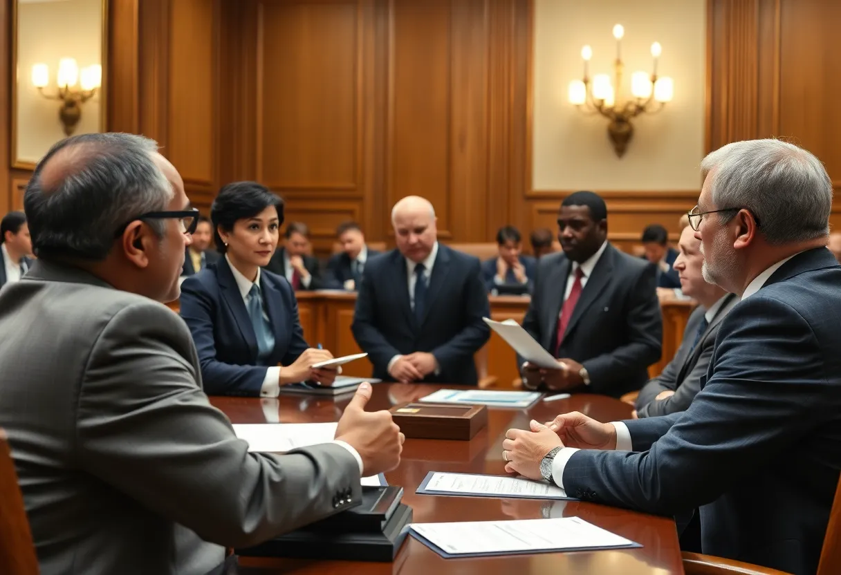Illustration of courtroom with lawyers discussing legal ethics